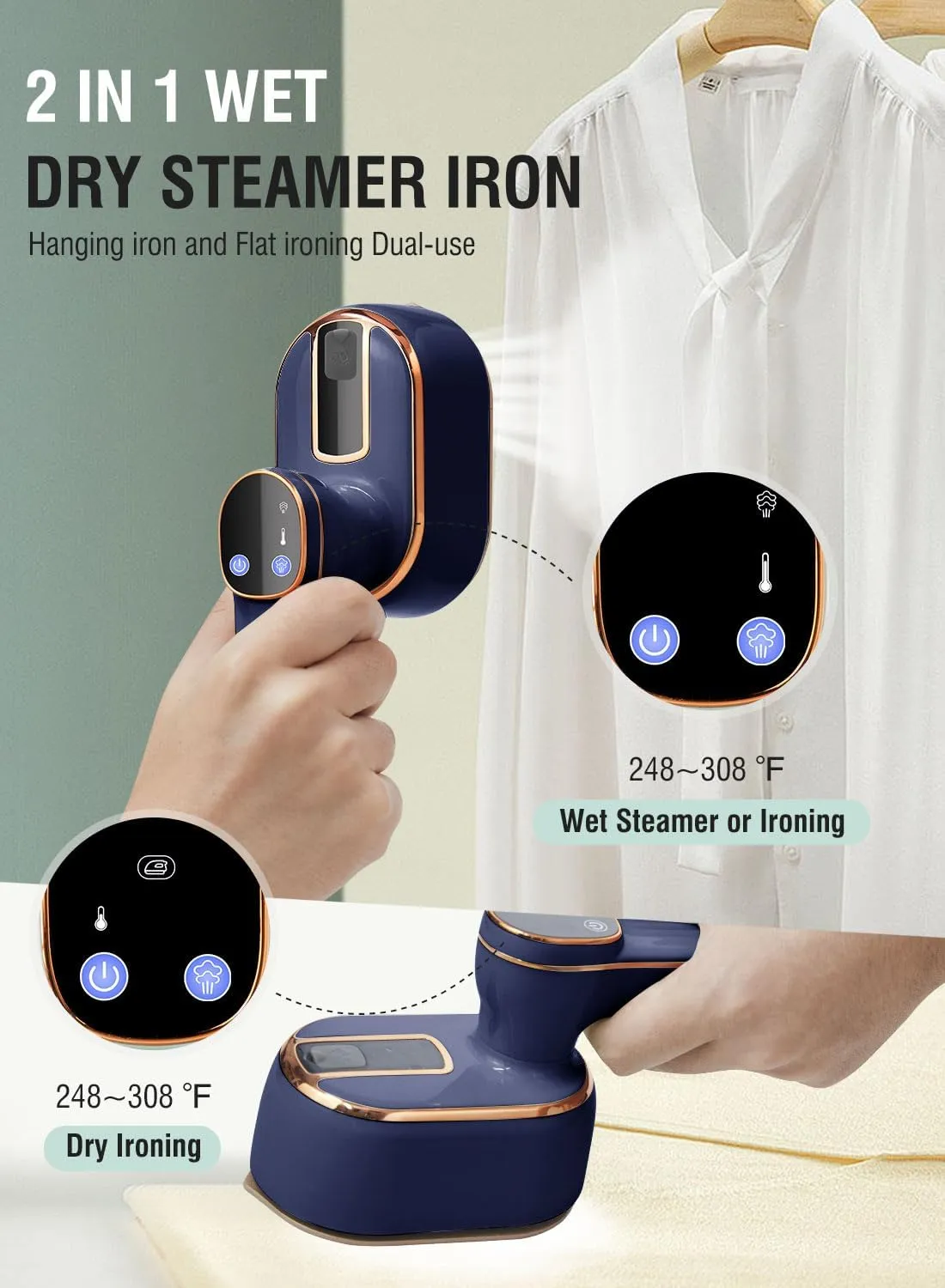 Foldable Travel Steamer For Clothes With Led Screen,Steamer&Iron 2 In 1,Portable Mini Iron Wrinkles Remover,1000w Plancha a Vapor Para Ropa For Home Office College 120v(Deep Sea Blue)