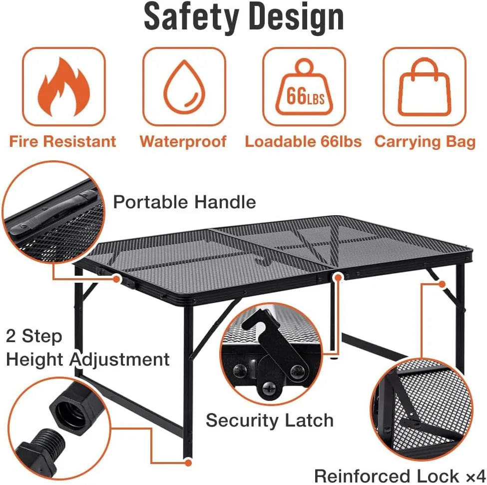 Folding Grill Table, 2 x 1.3 FT Lightweight Height Adjustable Aluminum Table with Mesh Desktop and Mesh Bag for Outdoor Camping Picnic BBQ (Black, Small (23" x 15"))