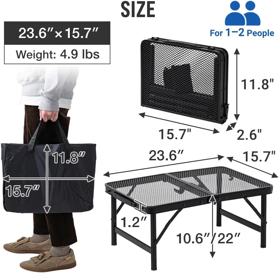 Folding Grill Table, 2 x 1.3 FT Lightweight Height Adjustable Aluminum Table with Mesh Desktop and Mesh Bag for Outdoor Camping Picnic BBQ (Black, Small (23" x 15"))