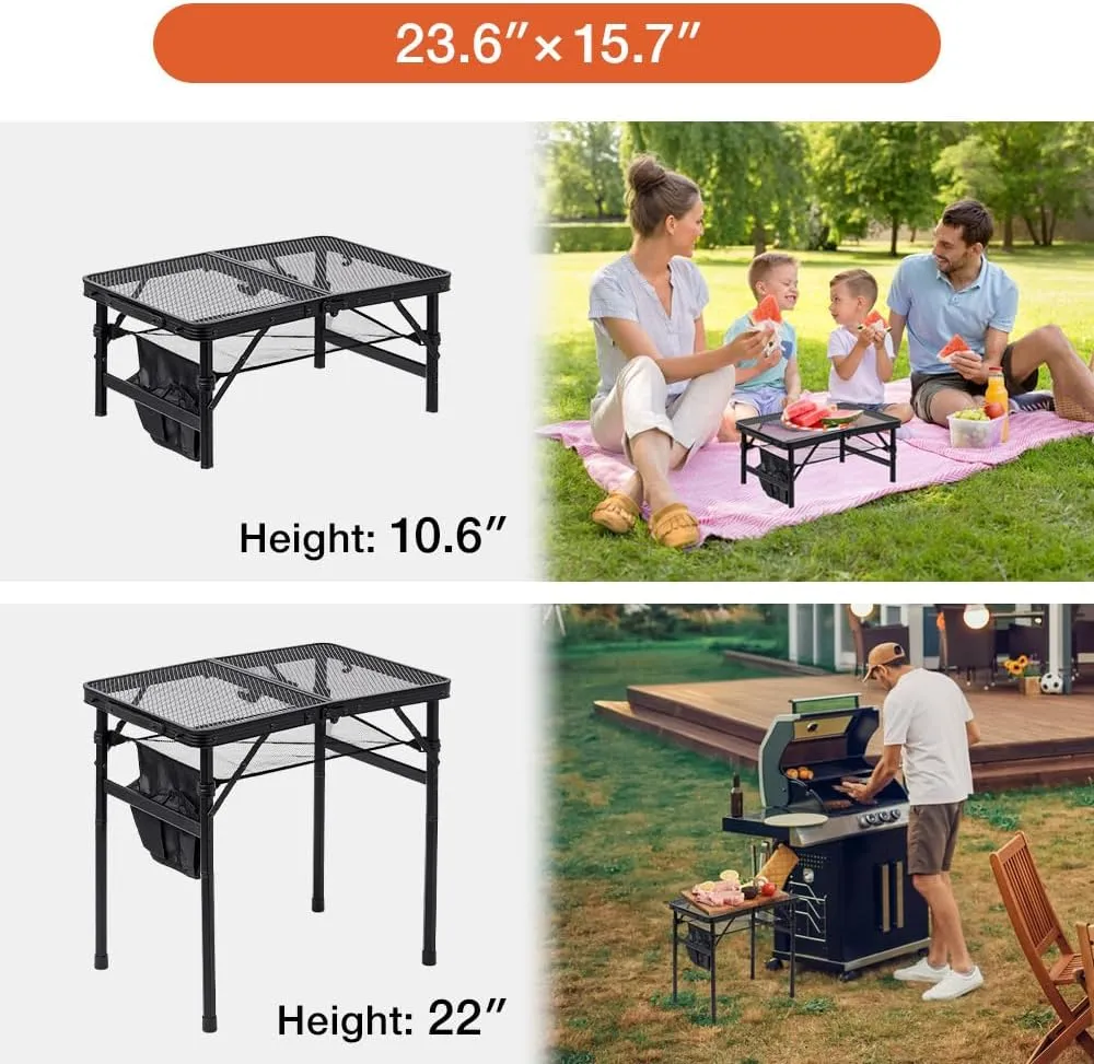 Folding Grill Table, 2 x 1.3 FT Lightweight Height Adjustable Aluminum Table with Mesh Desktop and Mesh Bag for Outdoor Camping Picnic BBQ (Black, Small (23" x 15"))