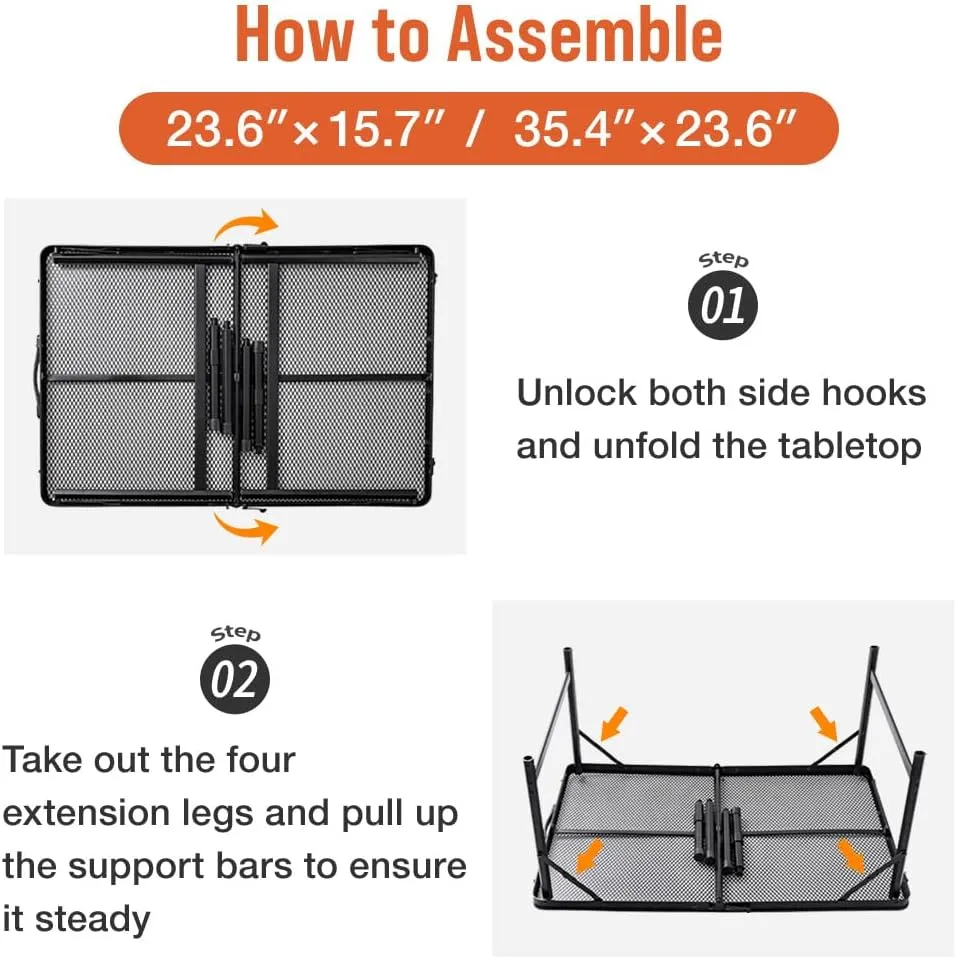 Folding Grill Table, 2 x 1.3 FT Lightweight Height Adjustable Aluminum Table with Mesh Desktop and Mesh Bag for Outdoor Camping Picnic BBQ (Black, Small (23" x 15"))
