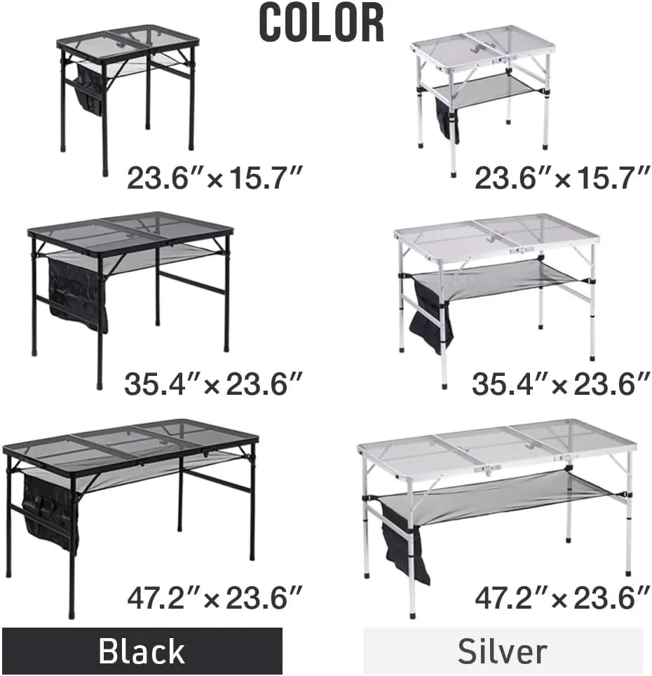 Folding Grill Table, 2 x 1.3 FT Lightweight Height Adjustable Aluminum Table with Mesh Desktop and Mesh Bag for Outdoor Camping Picnic BBQ (Black, Small (23" x 15"))