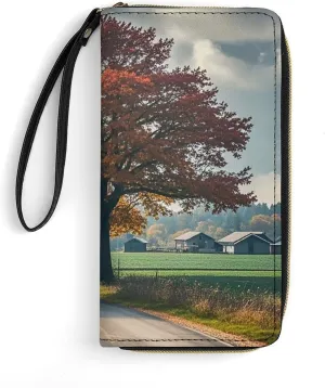 Forest Rural Roads Wallet Leather Zipper Around Clutch Wallet Large Capacity Purse with Wristlet Strap
