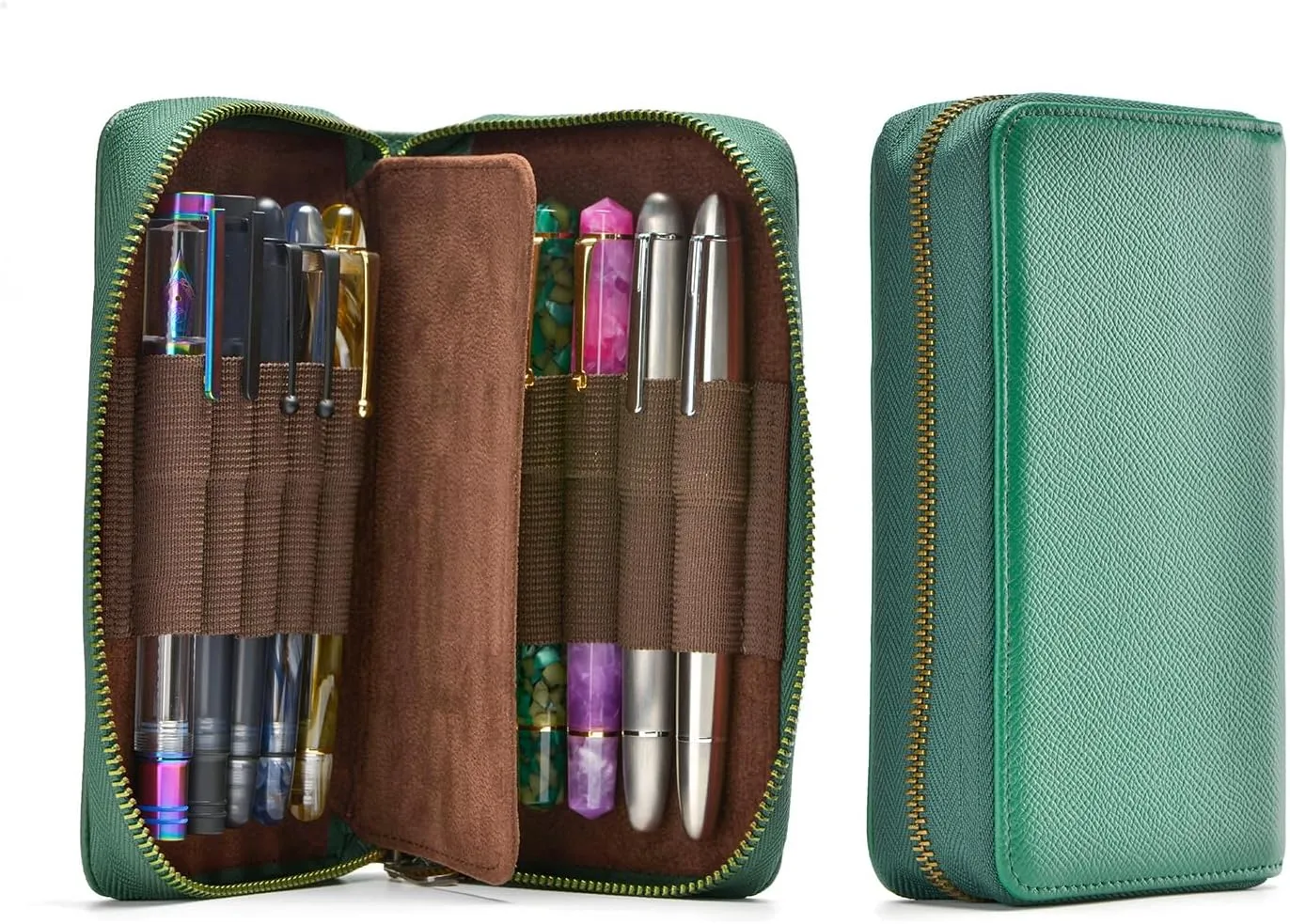 Fountain Pen Leather Pen Case 10 Divided Slots, Rollerball Pen Holder Handmade Display Organizer Zippered Pouch