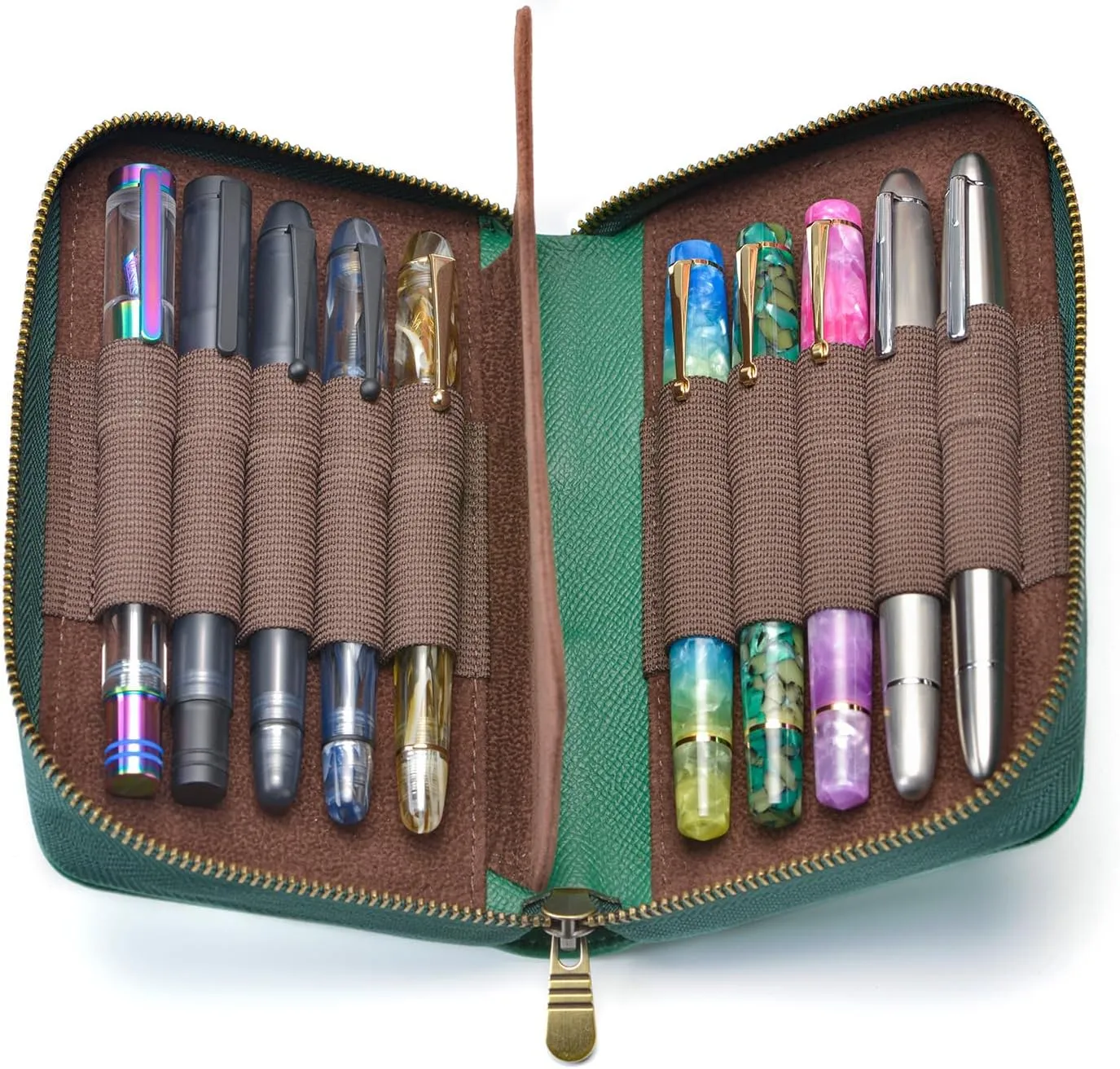 Fountain Pen Leather Pen Case 10 Divided Slots, Rollerball Pen Holder Handmade Display Organizer Zippered Pouch