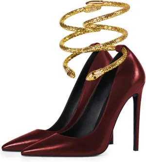 FSJ Women's Sexy High Heels Pointed Toe Stilletos Pumps with Gold Metal Snake Spiral Around The Ankle Heeled Dress Party Pumps Shoes Size 4-15 US