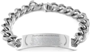 Future Husband Cuban Chain Stainless Steel Bracelet Thank You For Giving Your Heart - Heartfelt Engraved Christmas Birthday Gifts For Men Women, Appreciation Caregiver