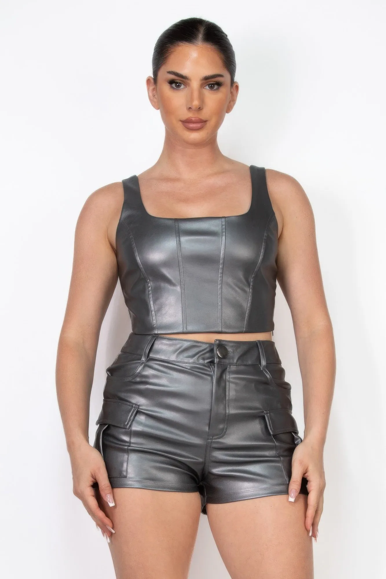 FZ Women's Faux Leather Square Zippered Crop Top