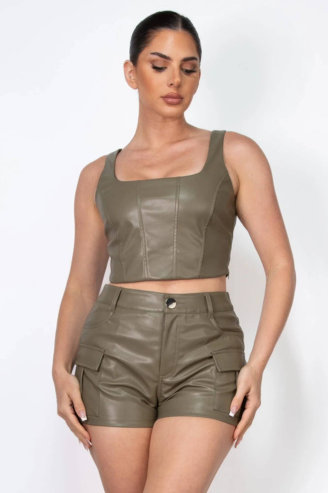 FZ Women's Faux Leather Square Zippered Crop Top