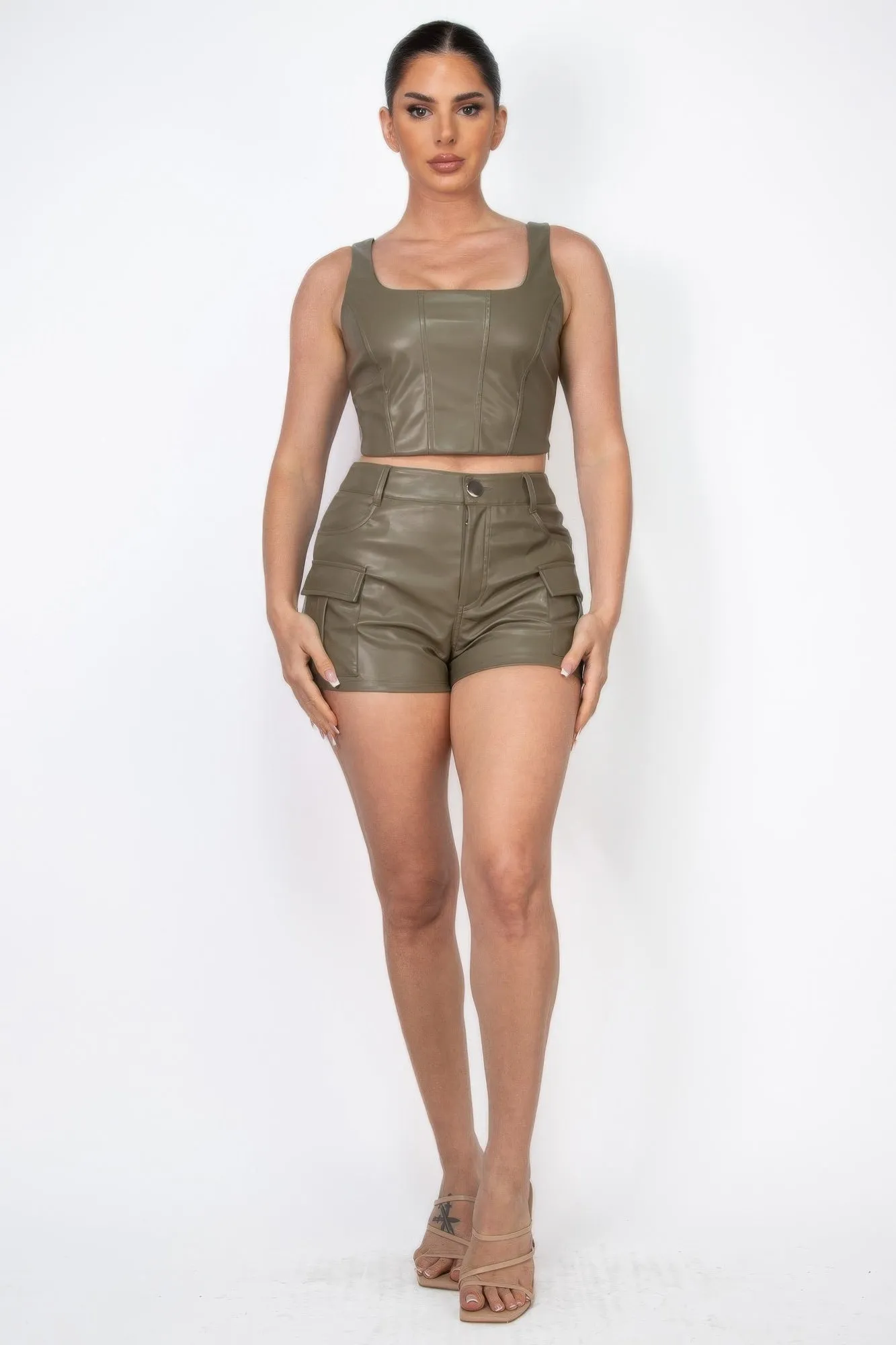 FZ Women's Faux Leather Square Zippered Crop Top