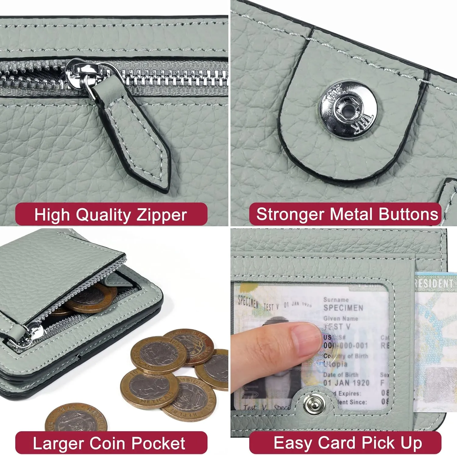 GADIEMKENSD Small Wallet Bifold RFID Credit Card Holder for Men Leather Coin Ladies Purse RFID Blocking Mini Compact Pocket Wallet with Zipper Card Cash Slots Ultra Slim Minimalist Light Grey