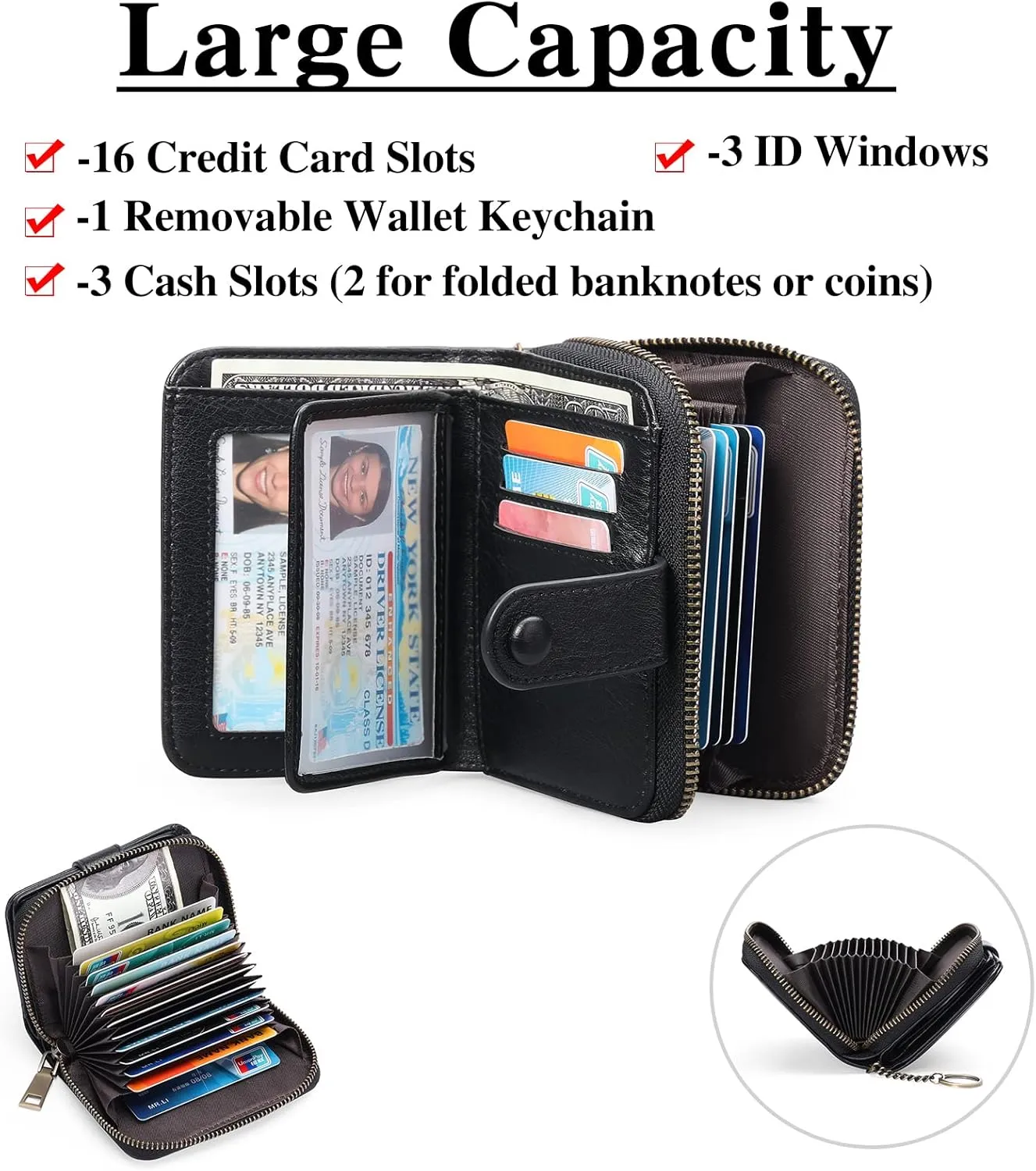 GAEKEAO Leather Credit Card Holder Small Wallet for Women RFID Blocking Bifold Zipper Card Case Organizer Wallet with Keychain