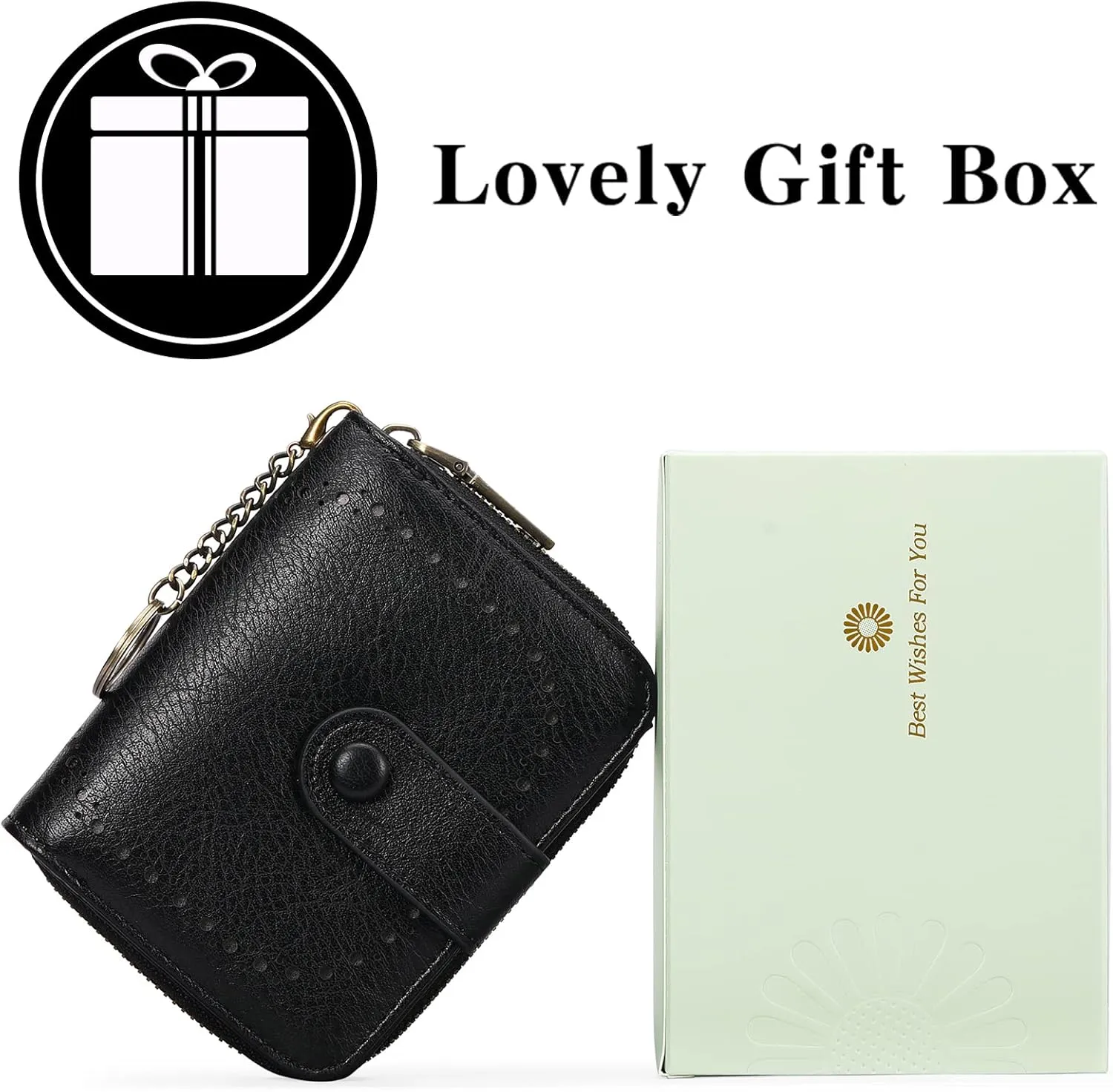 GAEKEAO Leather Credit Card Holder Small Wallet for Women RFID Blocking Bifold Zipper Card Case Organizer Wallet with Keychain