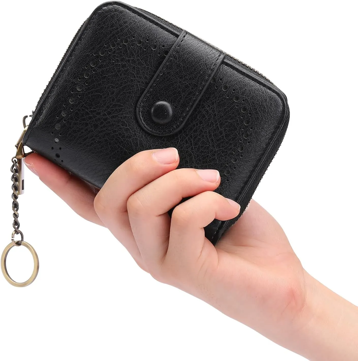 GAEKEAO Leather Credit Card Holder Small Wallet for Women RFID Blocking Bifold Zipper Card Case Organizer Wallet with Keychain