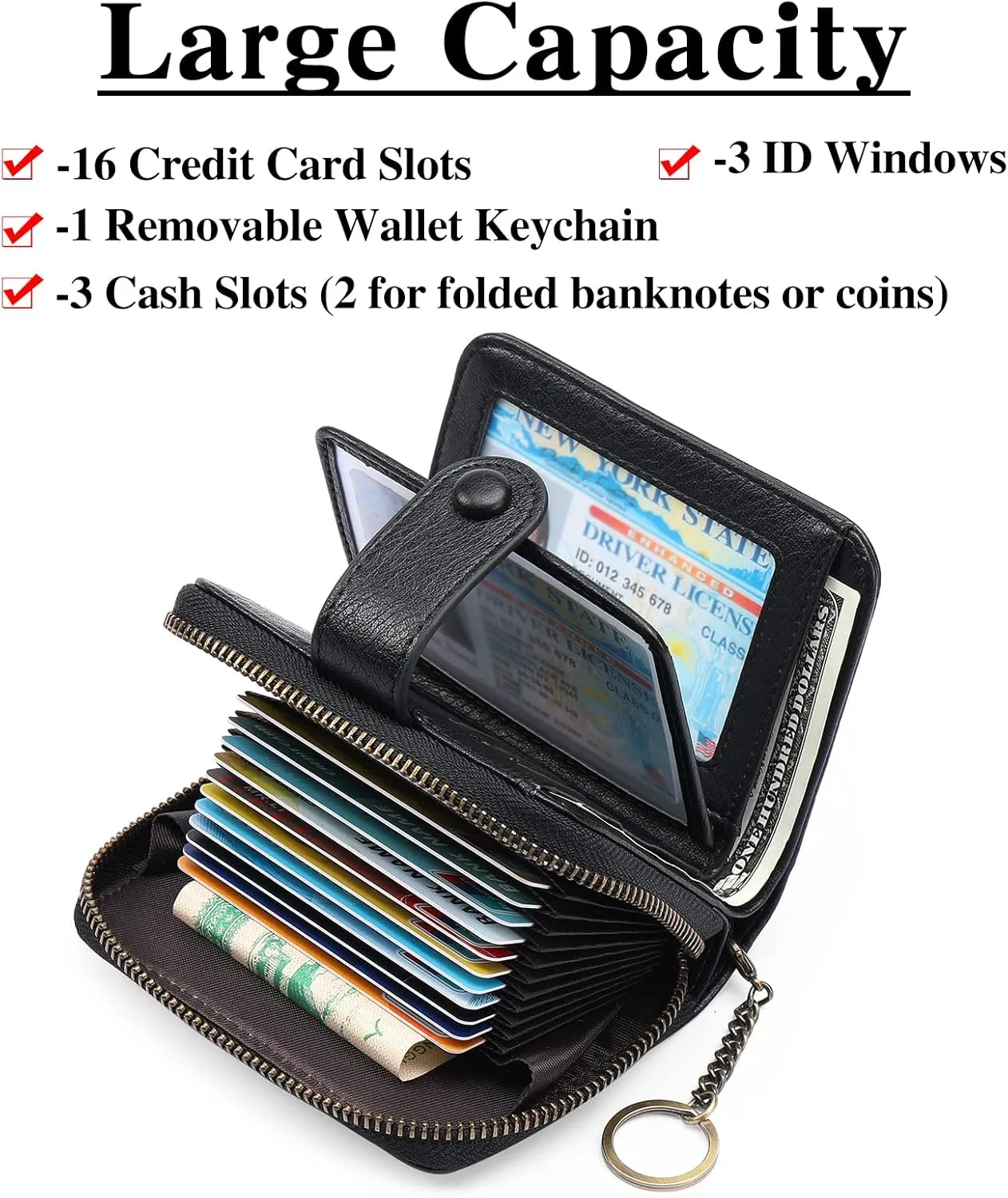 GAEKEAO Leather Credit Card Holder Small Wallet for Women RFID Blocking Bifold Zipper Card Case Organizer Wallet with Keychain