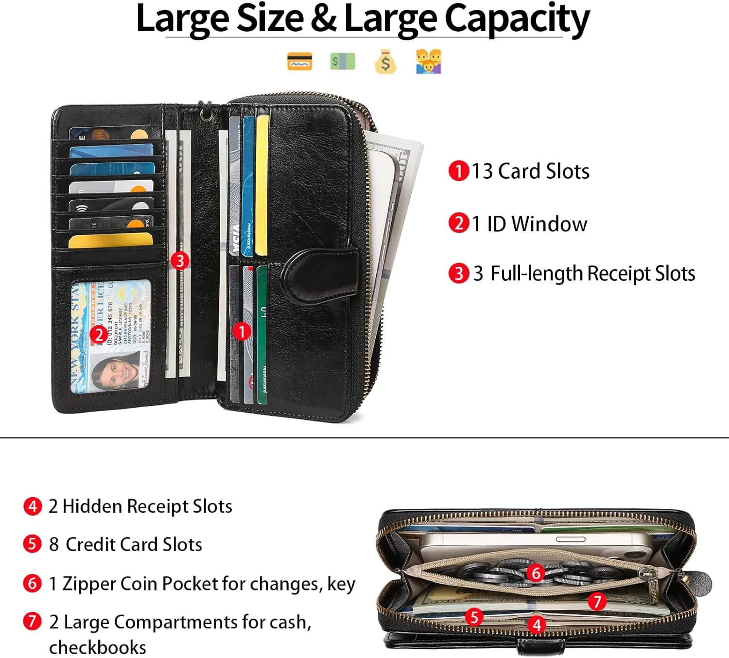 GAEKEAO Wallet for Women Clutch RFID Blocking Leather Wristlet Purse Large Capacity Credit Card Holder Zip Around Wallets