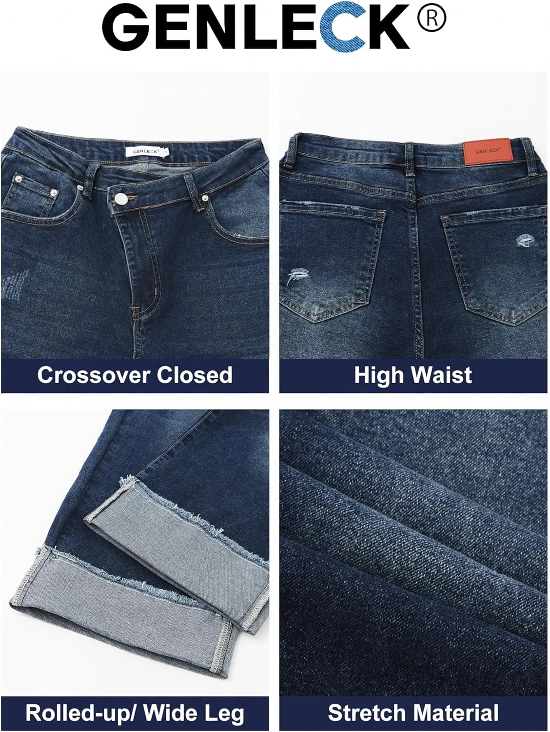 Genleck Wide Leg Cropped Jeans for Women Trendy High Waisted Crossover Boyfriend Jeans Mom Baggy Stretchy Denim