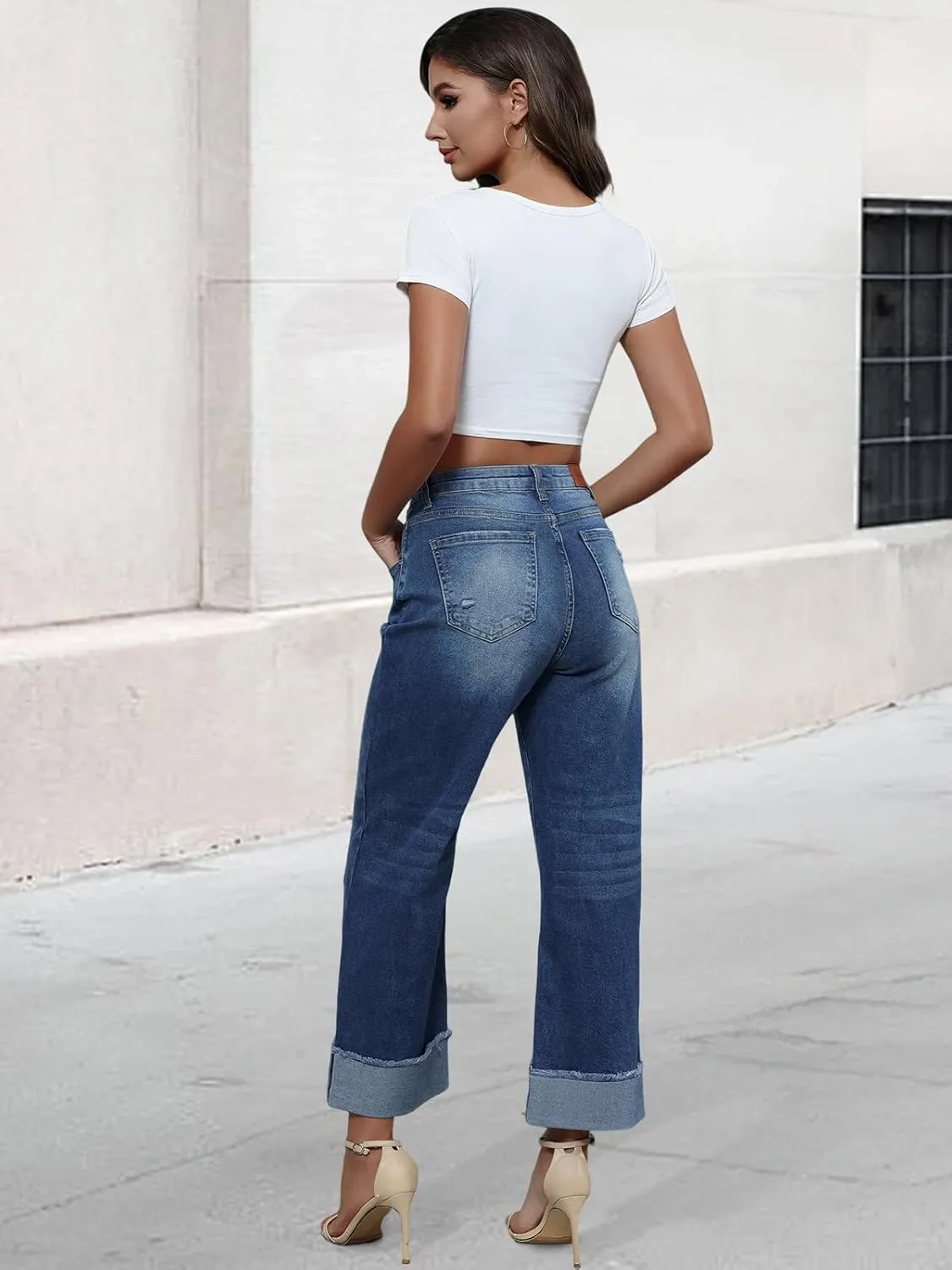 Genleck Wide Leg Cropped Jeans for Women Trendy High Waisted Crossover Boyfriend Jeans Mom Baggy Stretchy Denim