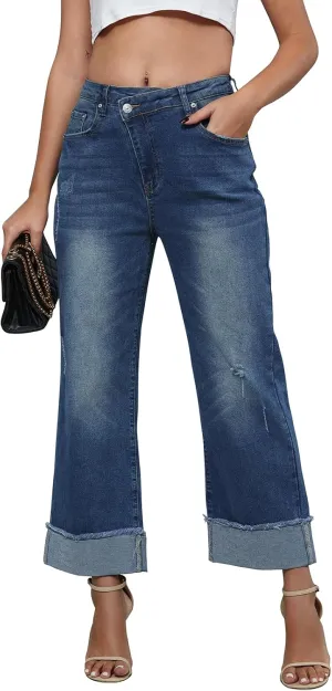 Genleck Wide Leg Cropped Jeans for Women Trendy High Waisted Crossover Boyfriend Jeans Mom Baggy Stretchy Denim