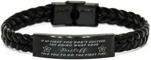 GIFTVILLE & SURPRISE Bailiff Braided Leather Bracelet, If at first you don't succeed, try doing what your athletic trainer told you to do the first time., Laser Engraved, Stainless Steel Wristband