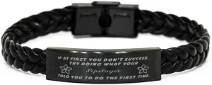 GIFTVILLE & SURPRISE Pipelayer Braided Leather Bracelet, If at first you don't succeed, try doing what your athletic trainer told you to do the first time., Laser Engraved, Stainless Steel Wristband