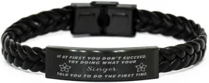 GIFTVILLE & SURPRISE soloist Braided Leather Bracelet, If at first you don't succeed, try doing what your athletic trainer told you to do the first time., Laser Engraved, Stainless Steel Wristband