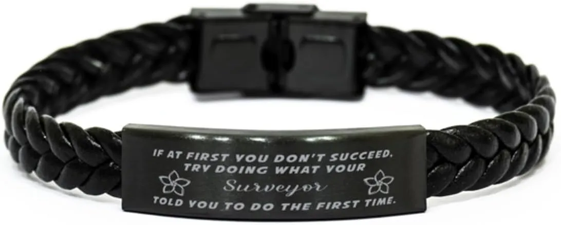 GIFTVILLE & SURPRISE Surveyor Braided Leather Bracelet, If at first you don't succeed, try doing what your athletic trainer told you to do the first time., Laser Engraved, Stainless Steel Wristband