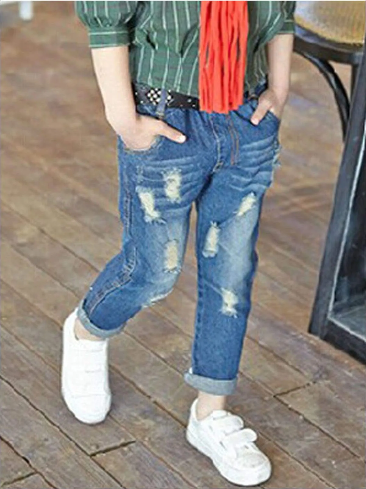 Girls Distressed Blue Denim Pants