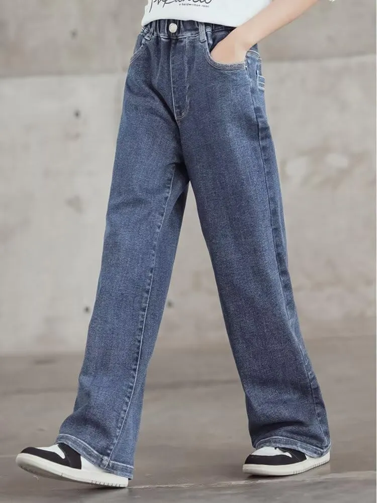 Girls Wide Leg Jeans Denim Elastic Wasit Baggy Ripped Distressed Pants