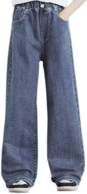 Girls Wide Leg Jeans Denim Elastic Wasit Baggy Ripped Distressed Pants