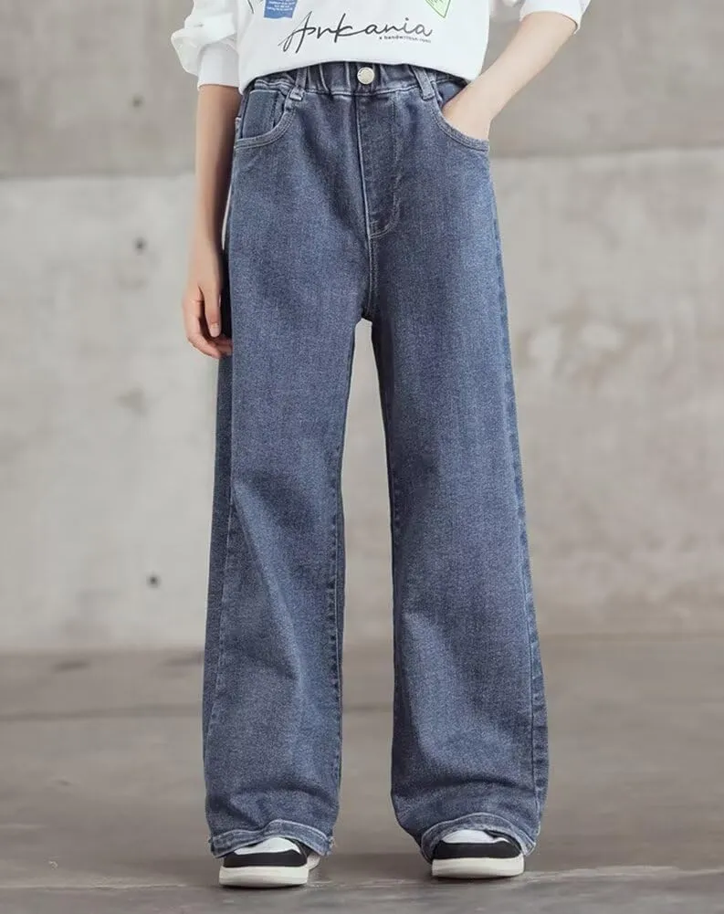 Girls Wide Leg Jeans Denim Elastic Wasit Baggy Ripped Distressed Pants