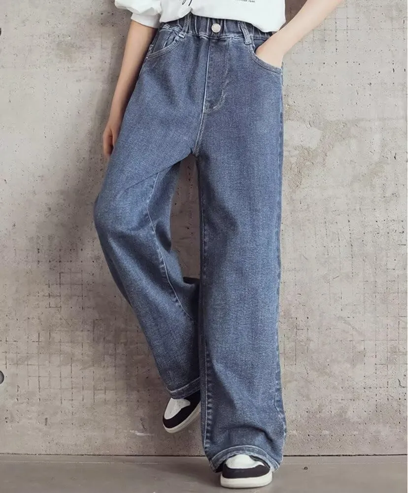 Girls Wide Leg Jeans Denim Elastic Wasit Baggy Ripped Distressed Pants