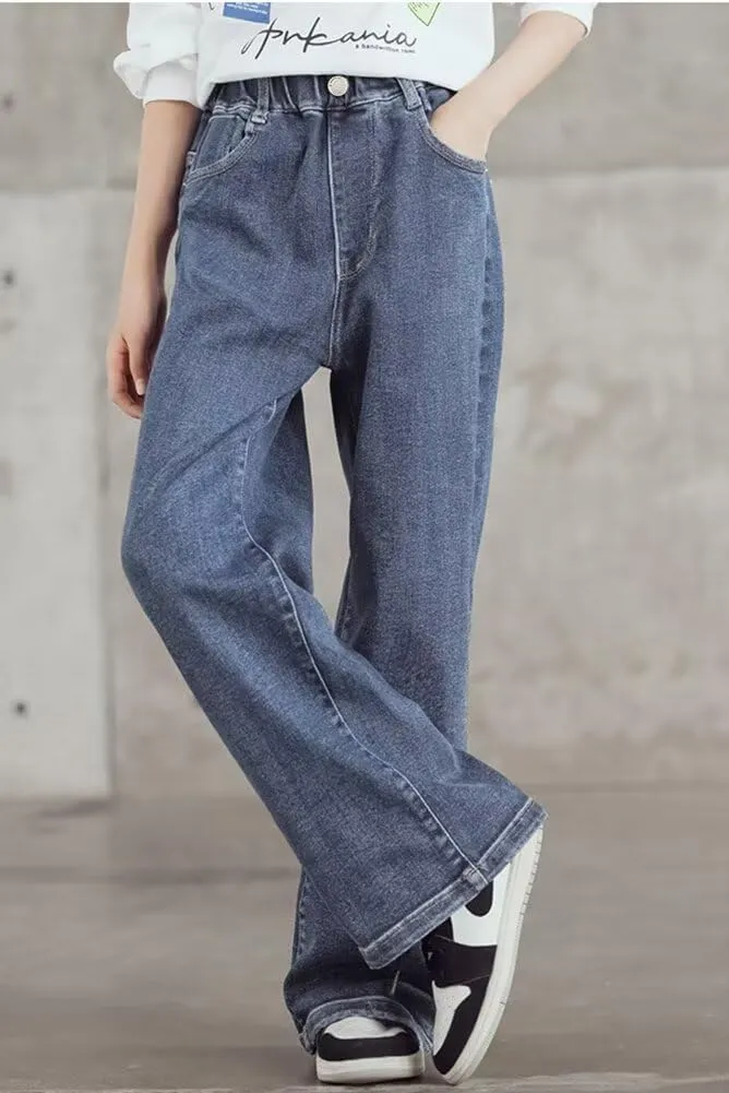 Girls Wide Leg Jeans Denim Elastic Wasit Baggy Ripped Distressed Pants
