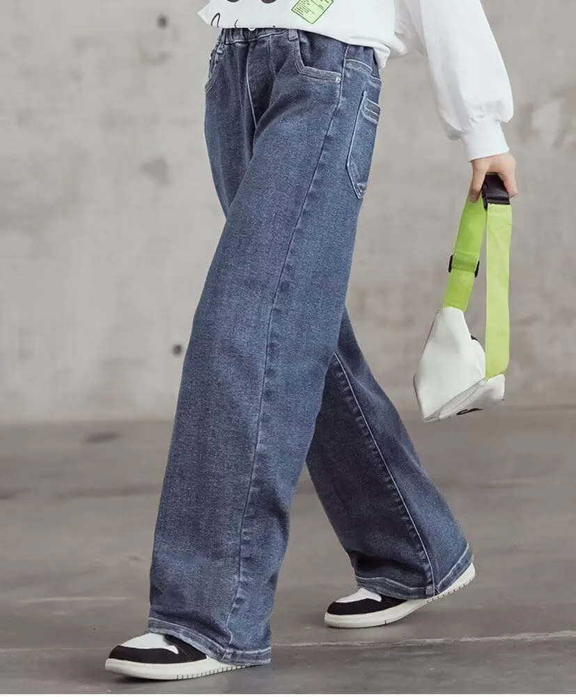 Girls Wide Leg Jeans Denim Elastic Wasit Baggy Ripped Distressed Pants