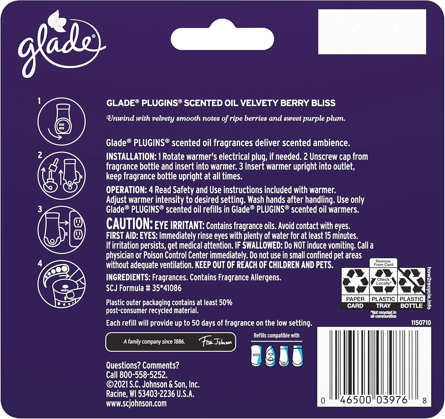 Glade PlugIns Refills Air Freshener, Scented and Essential Oils for Home and Bathroom, Velvety Berry Bliss, 3.35 Fl Oz, 5 Count