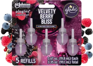 Glade PlugIns Refills Air Freshener, Scented and Essential Oils for Home and Bathroom, Velvety Berry Bliss, 3.35 Fl Oz, 5 Count