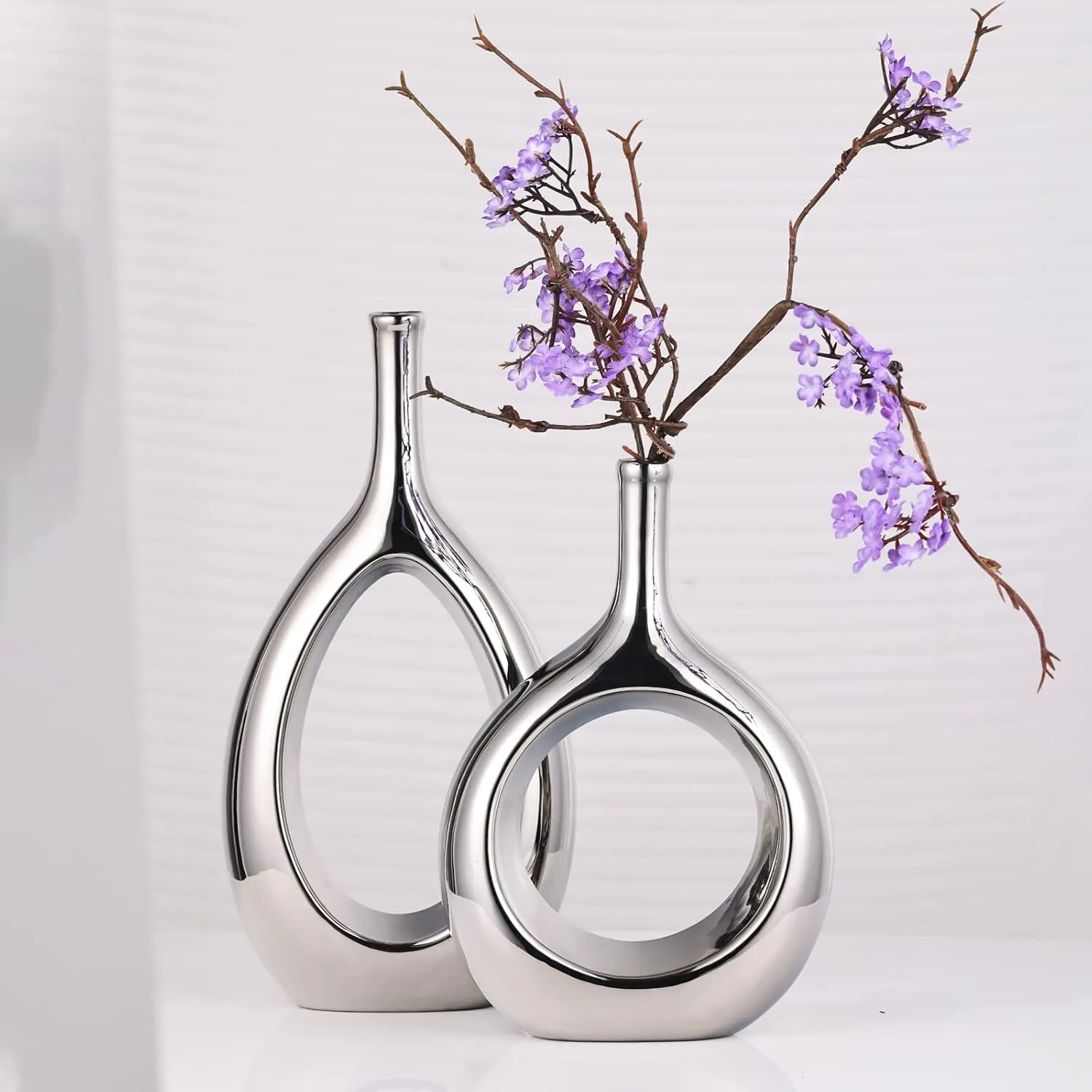 Glossy Silver Vase Ceramic Silver Vases Home Decor,Modern Minimalist Circle with Hole Decorative Vase, Hollow Ellipse Flower vases for Bookshelf, Fireplace Mantle, Centerpieces,Farmhouse,Rustic Décor