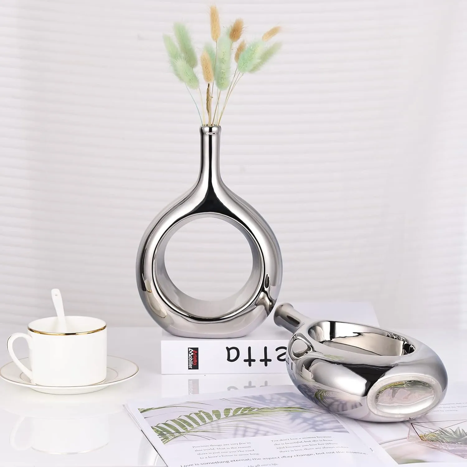 Glossy Silver Vase Ceramic Silver Vases Home Decor,Modern Minimalist Circle with Hole Decorative Vase, Hollow Ellipse Flower vases for Bookshelf, Fireplace Mantle, Centerpieces,Farmhouse,Rustic Décor