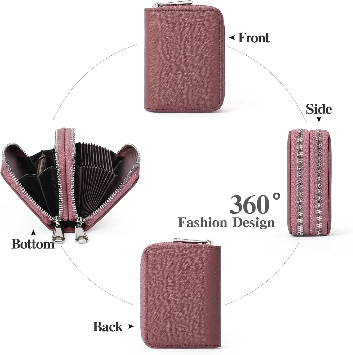 GOIACII Credit Card Holder Wallets for Women RFID Blocking Small Genuine Leather Card Case Wallet Double Zipper Accordion Wallets
