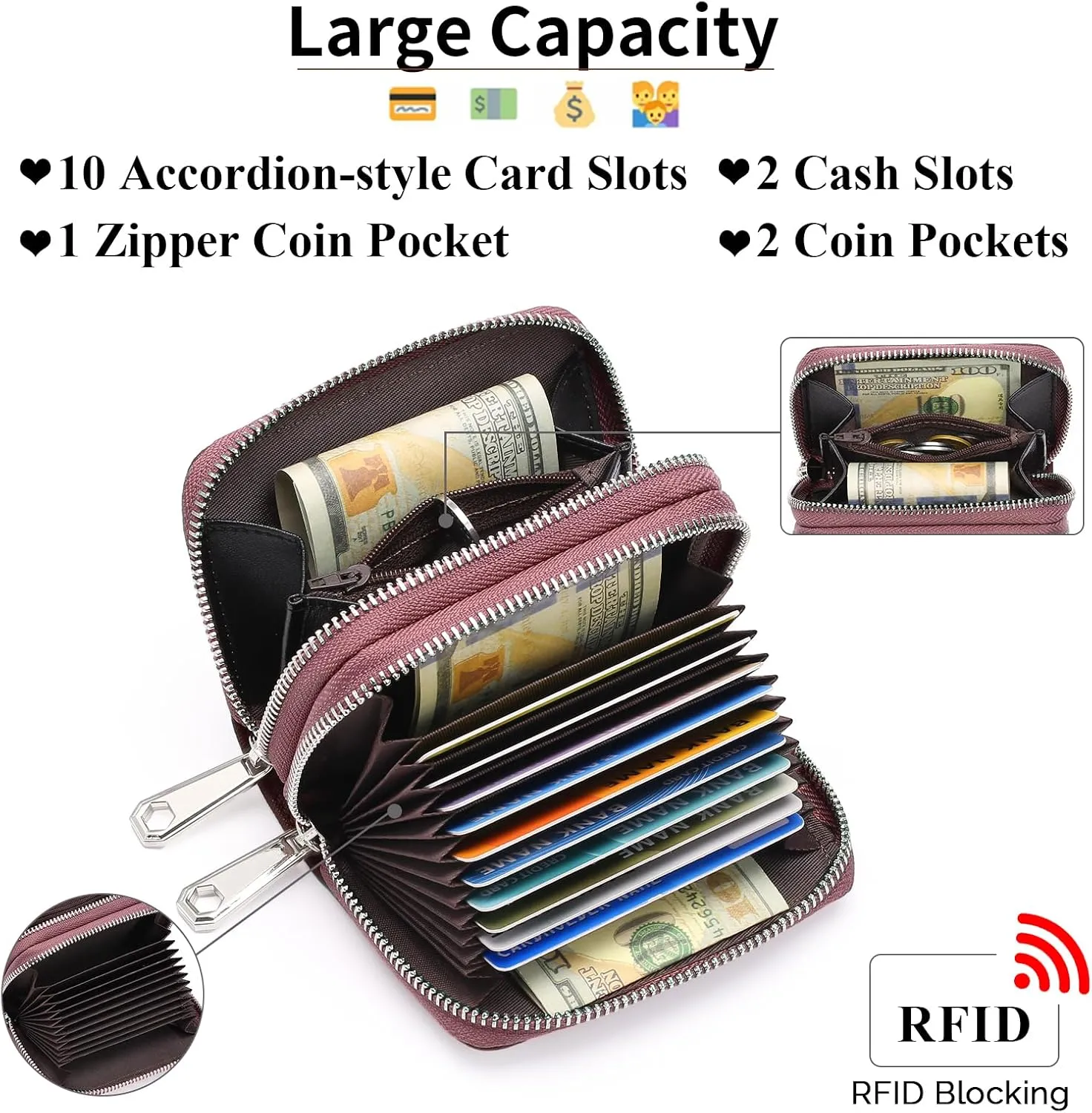 GOIACII Credit Card Holder Wallets for Women RFID Blocking Small Genuine Leather Card Case Wallet Double Zipper Accordion Wallets