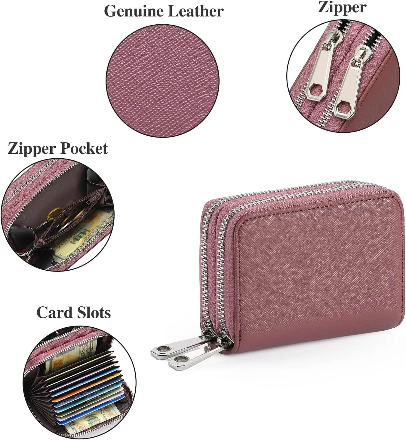 GOIACII Credit Card Holder Wallets for Women RFID Blocking Small Genuine Leather Card Case Wallet Double Zipper Accordion Wallets