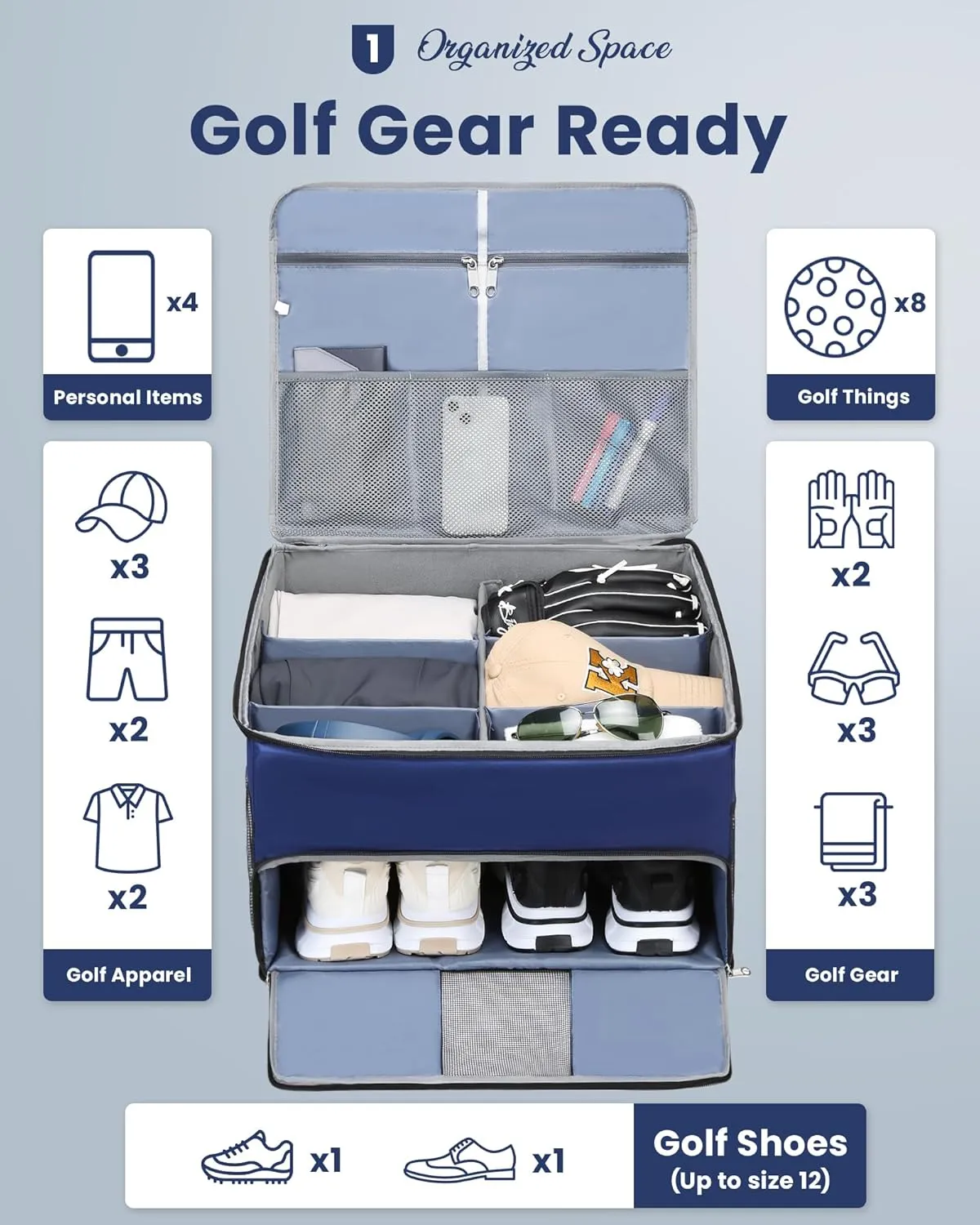 Golf Trunk Organizer for Golf Shoes Clothes Gloves Hats Large Collapsible Golf Storage Box with 4 Dividers Water-Resistant Golf Shoe Bag for 2 Pair of Shoes Golfing Accessories for Men Women Golfers