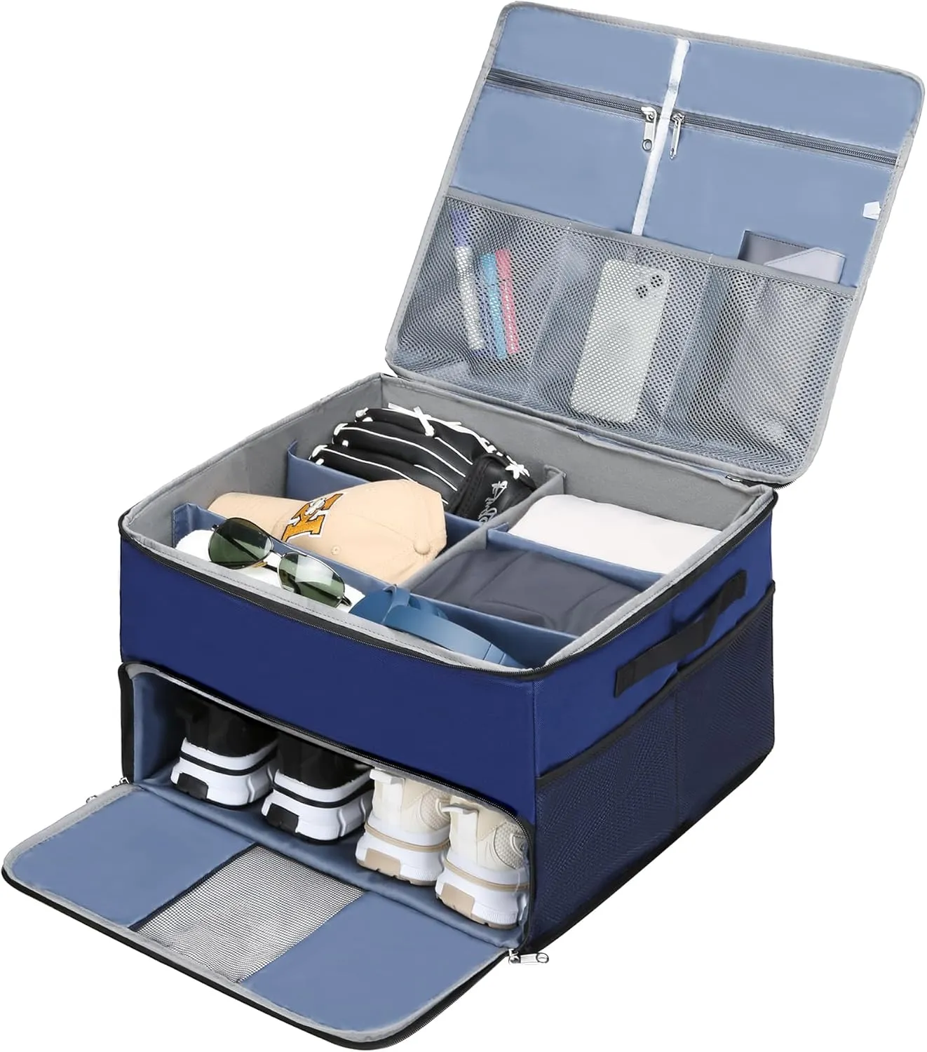 Golf Trunk Organizer for Golf Shoes Clothes Gloves Hats Large Collapsible Golf Storage Box with 4 Dividers Water-Resistant Golf Shoe Bag for 2 Pair of Shoes Golfing Accessories for Men Women Golfers