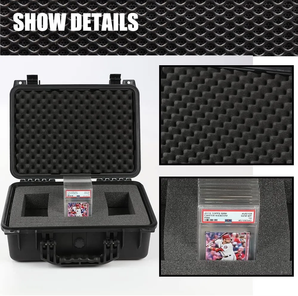 Graded Card Storage Box Compatible with BGS PSA SGC FGS Graded Sports Trading Cards,Weatherproof Case Impact Absorbing Foam Slots (Large, Black)