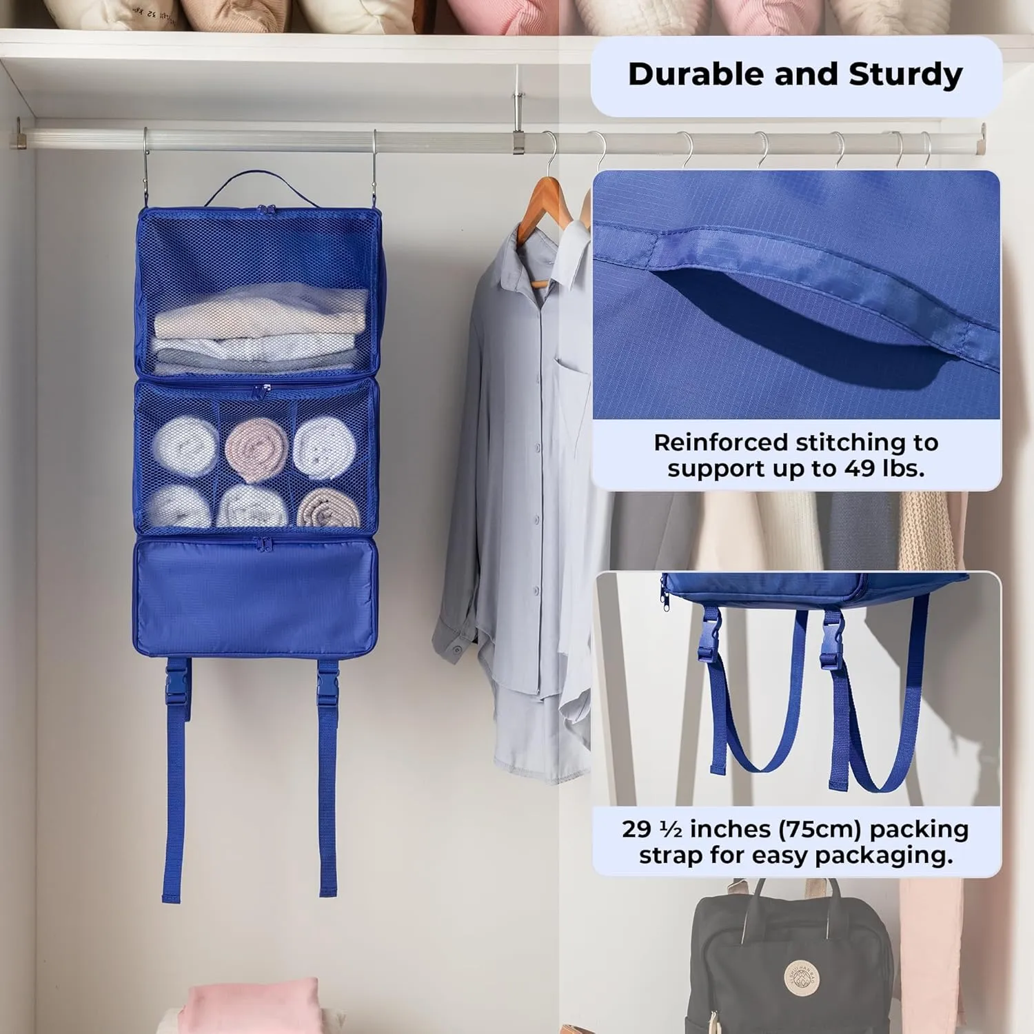 GRANNY SAYS Hanging Packing Cubes for Travel, Large Portable Hanging Suitcase Organizer, Foldable Compression Luggage Organizer Bags for Clothes, Carry on Closet Suitcase, XL-Blue Travel Shelves