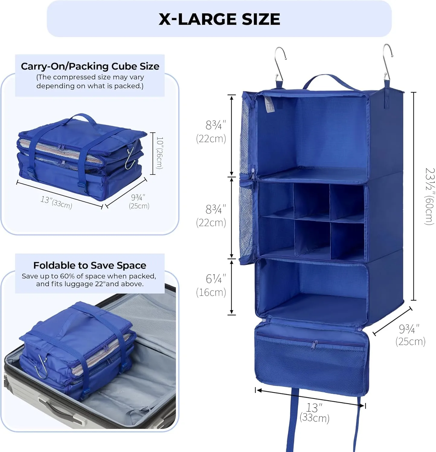 GRANNY SAYS Hanging Packing Cubes for Travel, Large Portable Hanging Suitcase Organizer, Foldable Compression Luggage Organizer Bags for Clothes, Carry on Closet Suitcase, XL-Blue Travel Shelves
