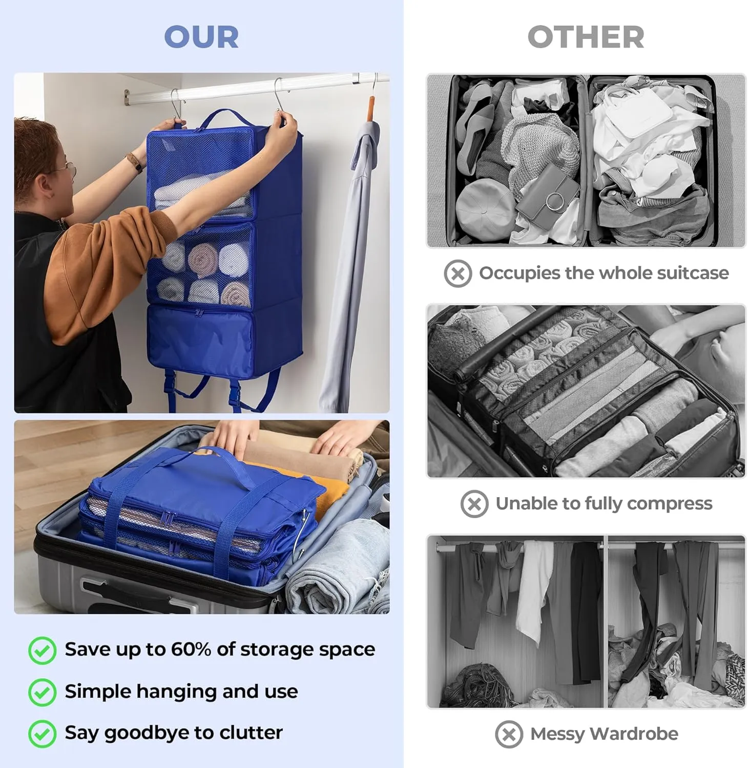 GRANNY SAYS Hanging Packing Cubes for Travel, Large Portable Hanging Suitcase Organizer, Foldable Compression Luggage Organizer Bags for Clothes, Carry on Closet Suitcase, XL-Blue Travel Shelves
