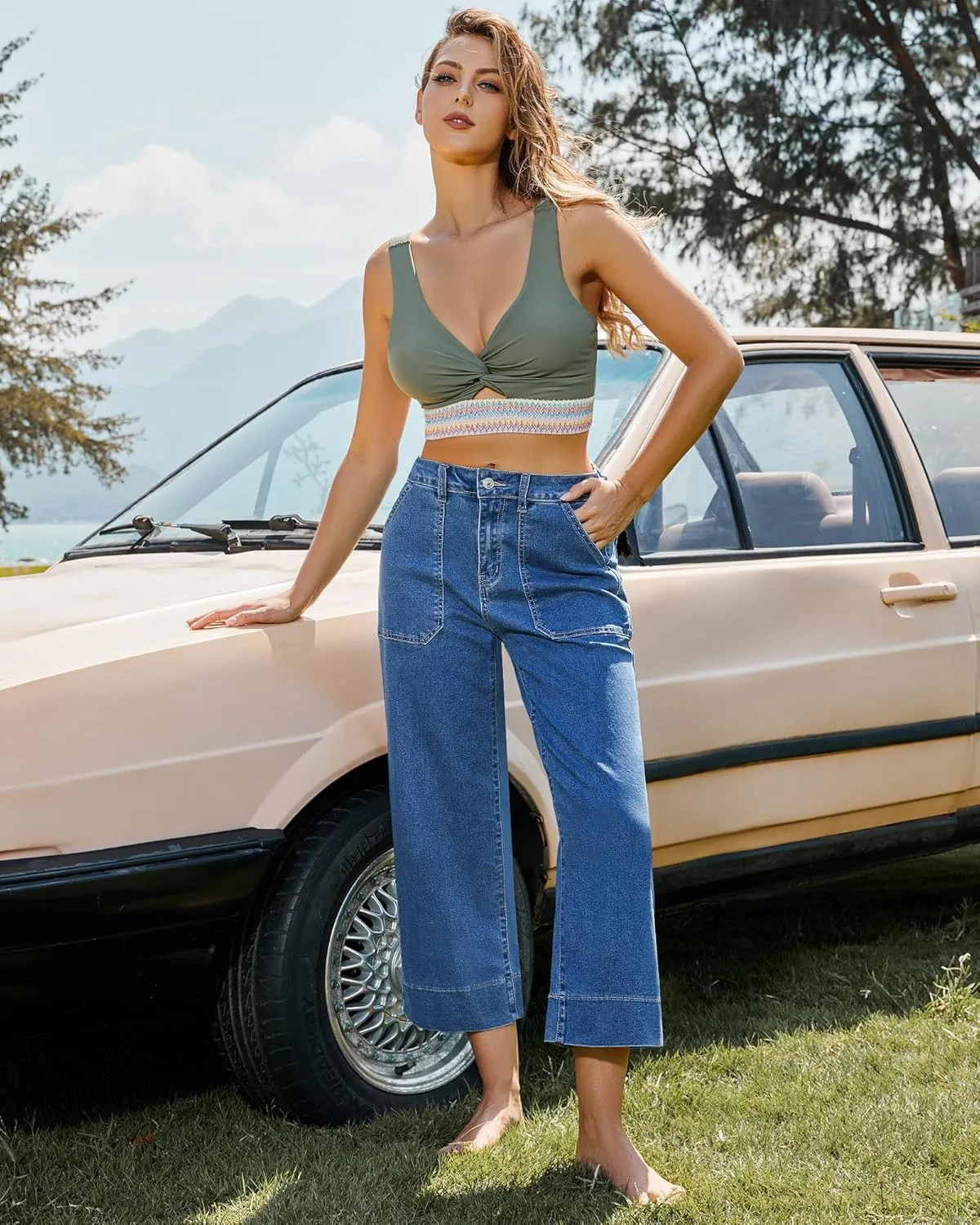 GRAPENT Capri Jeans for Women High Waisted Wide Leg Trendy Strechy Loose Straight Cropped Denim Jeans Pants with Pockets