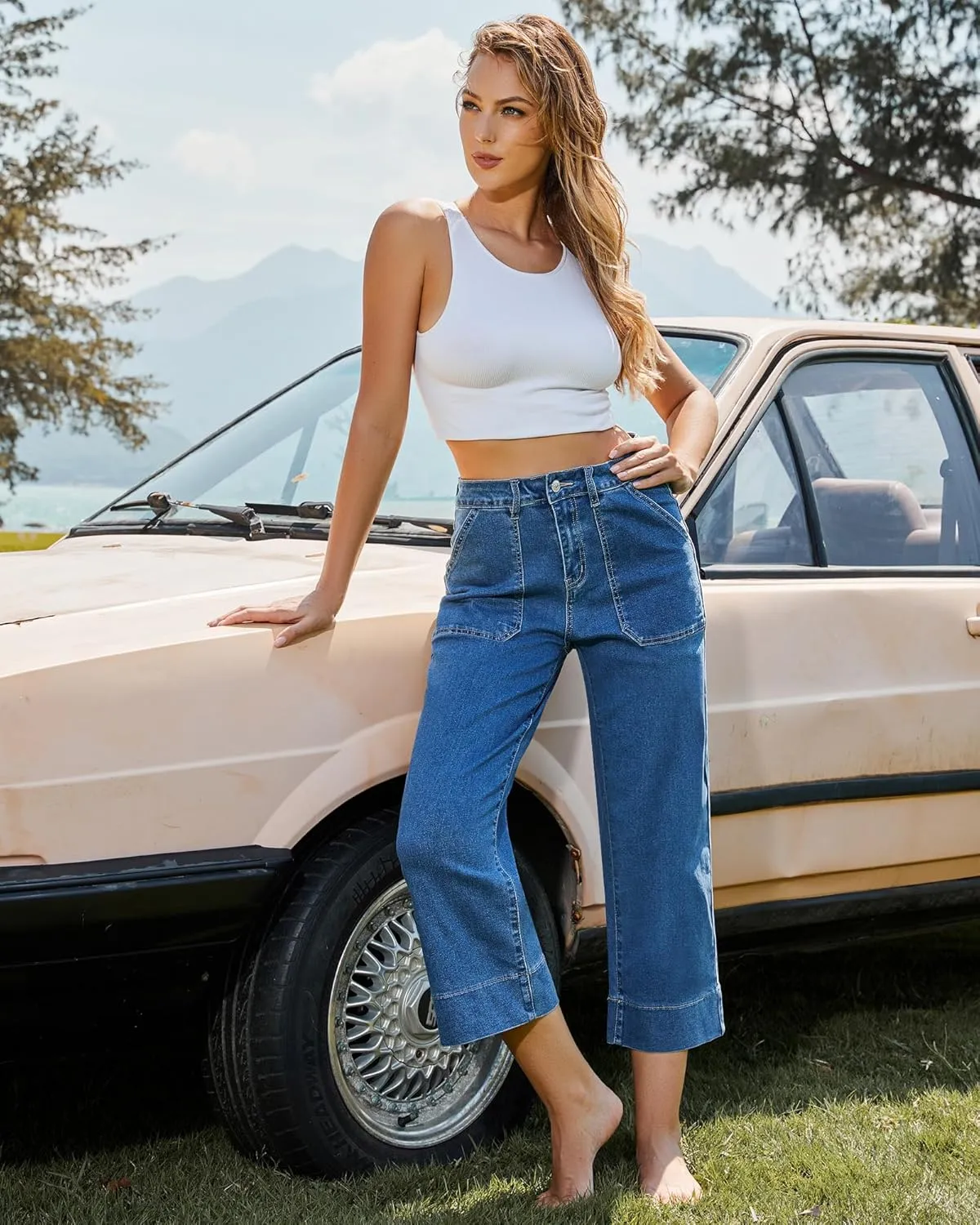 GRAPENT Capri Jeans for Women High Waisted Wide Leg Trendy Strechy Loose Straight Cropped Denim Jeans Pants with Pockets