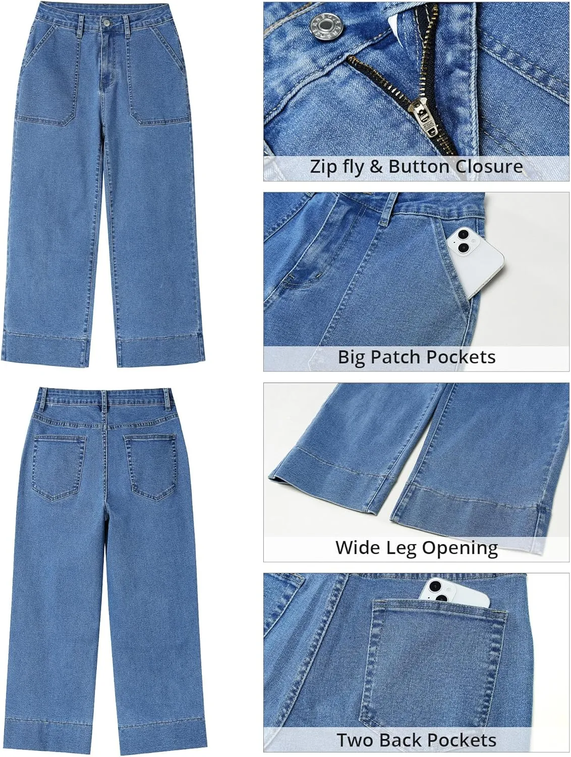 GRAPENT Capri Jeans for Women High Waisted Wide Leg Trendy Strechy Loose Straight Cropped Denim Jeans Pants with Pockets